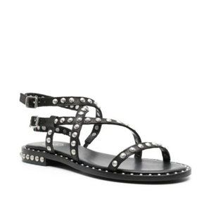 ASH Petra Silver Studded Sandals in Black Leather Size 7 New